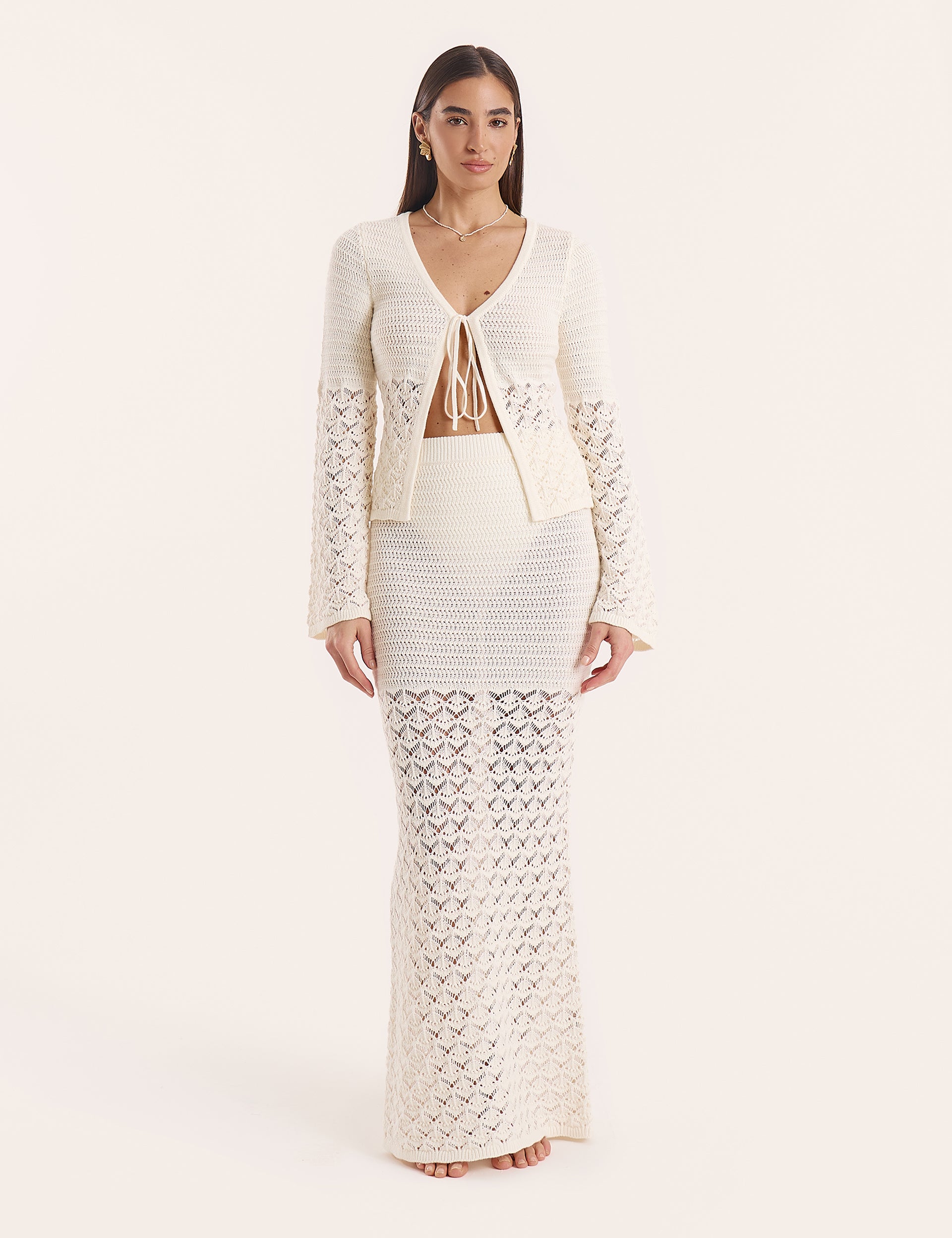 Cream Crochet Drop Waist Maxi Skirt